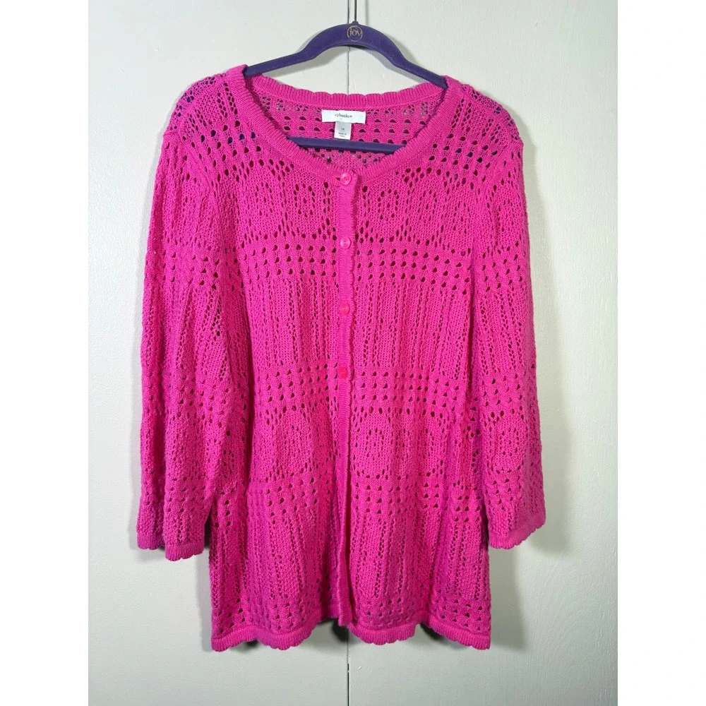Cj Banks Hot Pink Open Knit Button Front Cardigan Sweater 1X Coastal Boho layer